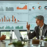 Team analyzes business analytics and charts during a conference, showcasing how to use AI management tools for strategic decision-making and operations.