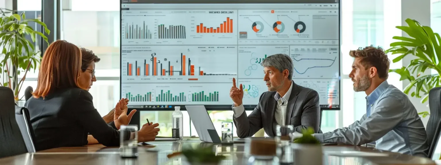Team analyzes business analytics and charts during a conference, showcasing how to use AI management tools for strategic decision-making and operations.