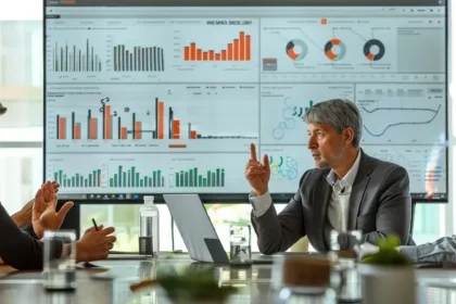 Team analyzes business analytics and charts during a conference, showcasing how to use AI management tools for strategic decision-making and operations.
