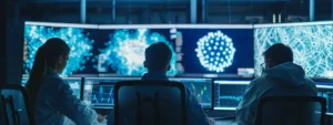 Technical team monitors advanced digital displays featuring AI models and analytics, representing how to use AI management systems to oversee and optimize AI operations.